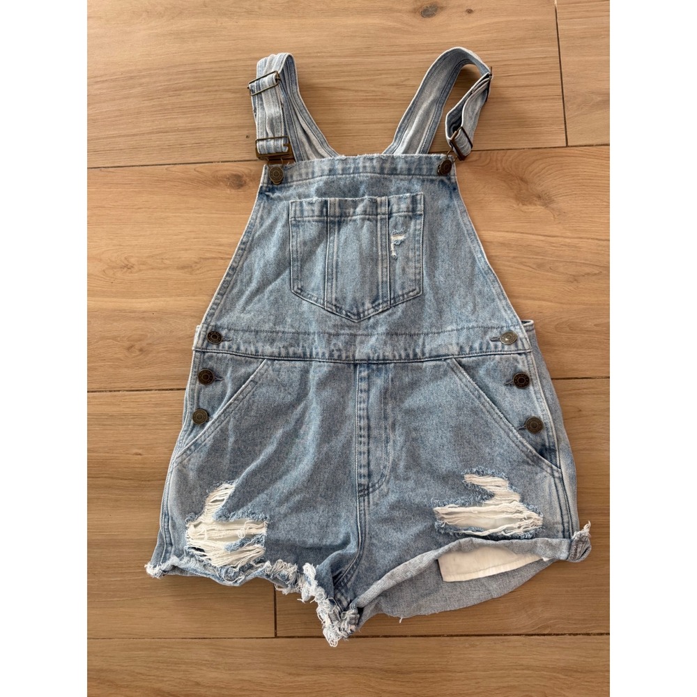 Show Me Your Mumu Denim Shortalls Light Wash Distressed Raw Hem Overalls Small